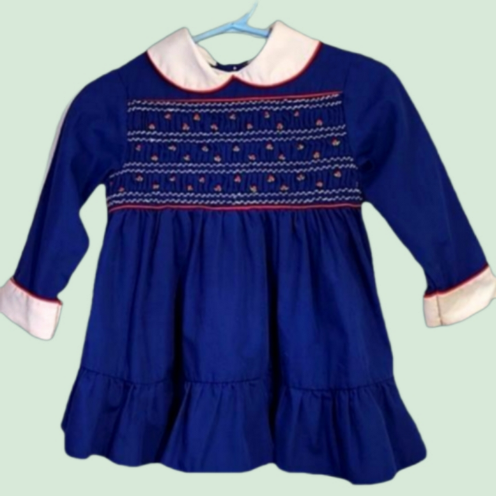 Girls dress blue red and white. Smocking. Embroidery. Long sleeve.